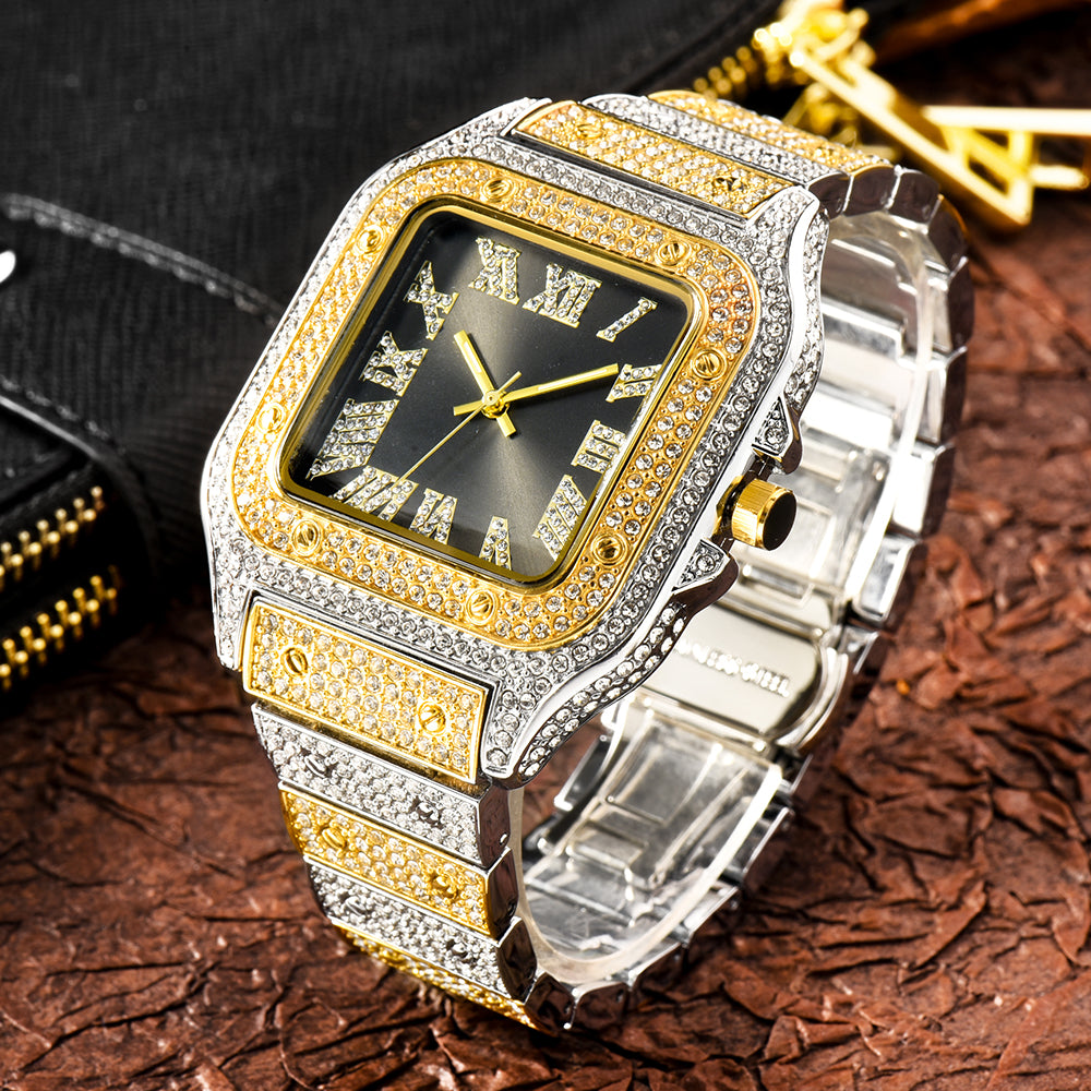 Luxus Designer Iced Out "Piazza" Uhr + Box + Armbandkürzer