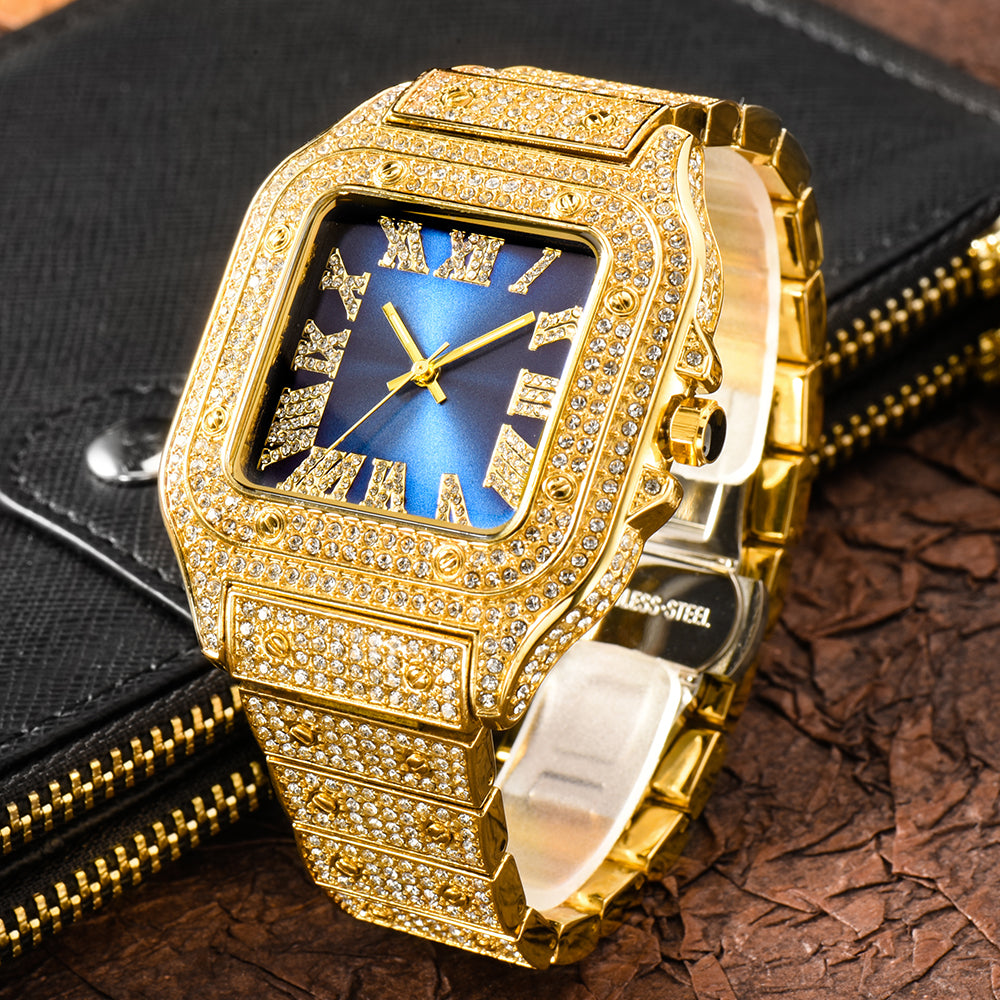 Luxus Designer Iced Out "Piazza" Uhr + Box + Armbandkürzer