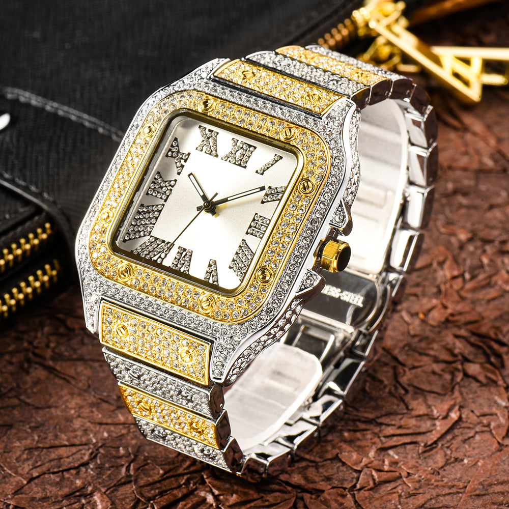 Luxus Designer Iced Out "Piazza" Uhr + Box + Armbandkürzer