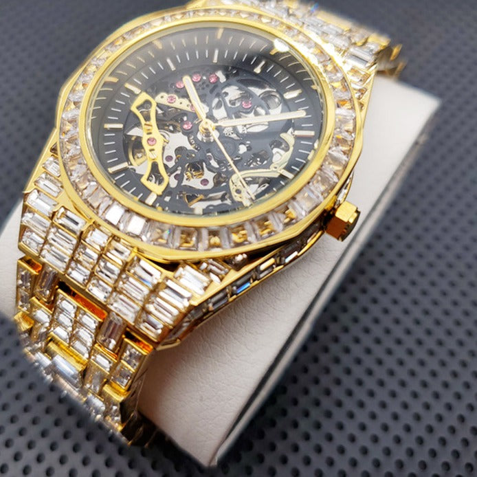 Luxus Designer Iced Out Automatic "Scheletro V2" Uhr + Box + Armbandkürzer