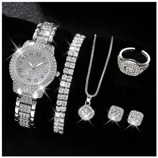 Luxus Iced Out 6-In-1 "Silver Tanto" Schmuckset (Halskette + 2 Armbänder + Uhr + Ohrringe + Ring) - ICERAIN JEWELRY