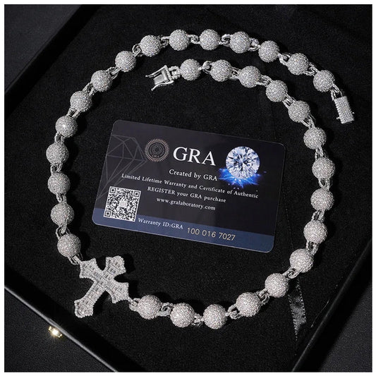 ICED OUT 10MM MOISSANITE "BALL CROSS" WEISSGOLD 925S SILVER KETTE - ICERAIN JEWELRY