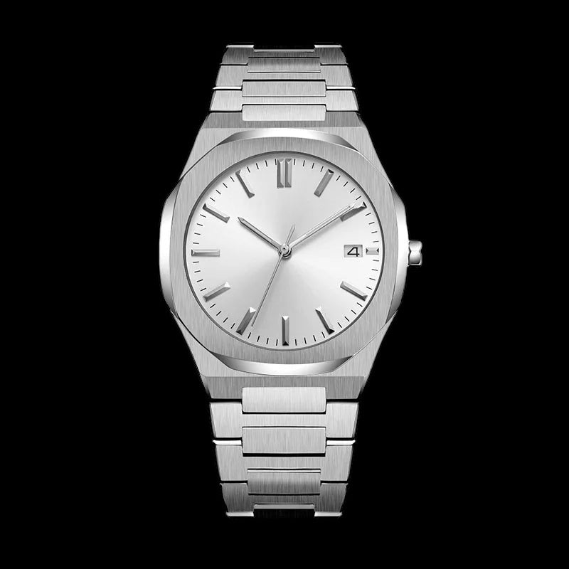 Luxus Designer Edelstahl Automatic "White Pattery" Uhr + Box + Armbandkürzer