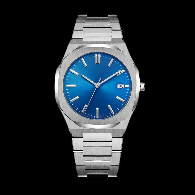 Luxus Designer Edelstahl Automatic "Blue Pattery" Uhr + Box + Armbandkürzer