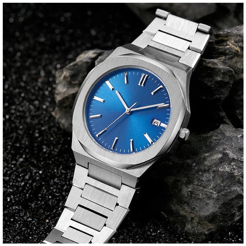 Luxus Designer Edelstahl Automatic "Blue Pattery" Uhr + Box + Armbandkürzer