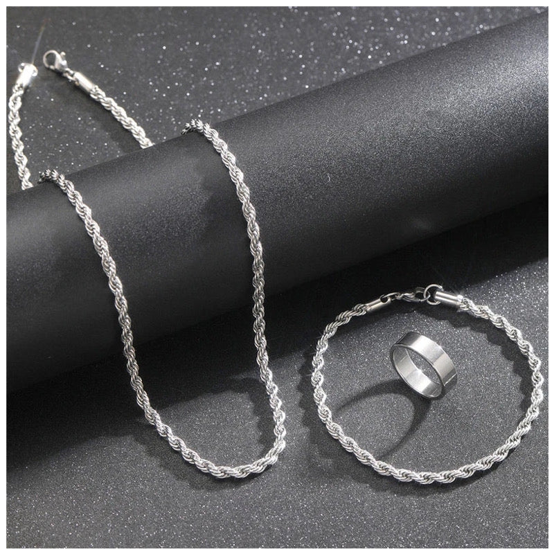 Luxus Edelstahl 4mm 3-In-1 "Silver Rope" Schmuckset (Halskette + Armband + Ring)