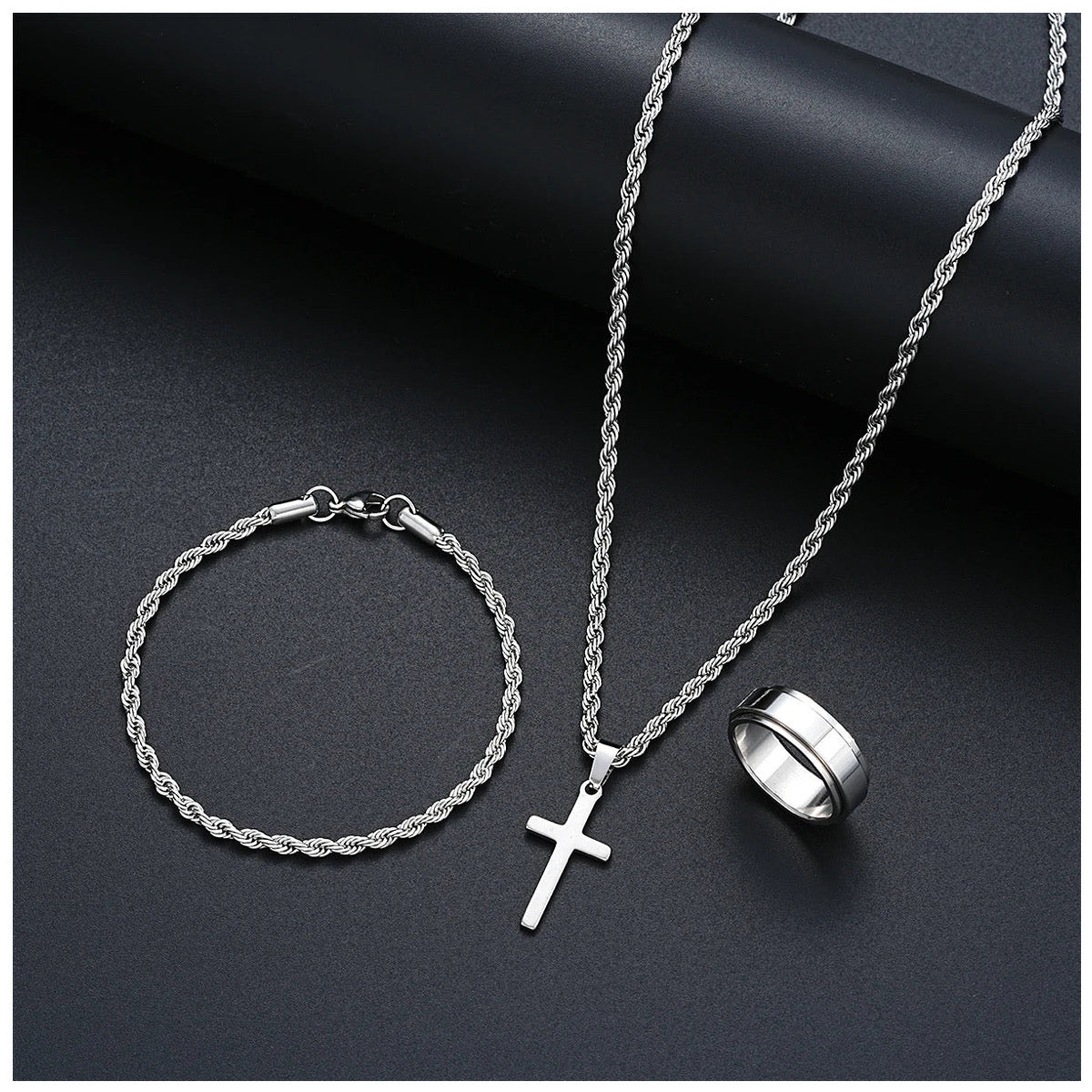 Luxus Edelstahl 4mm 3-In-1 "Silver Rope Cross" Schmuckset (Halskette + Armband + Ring)