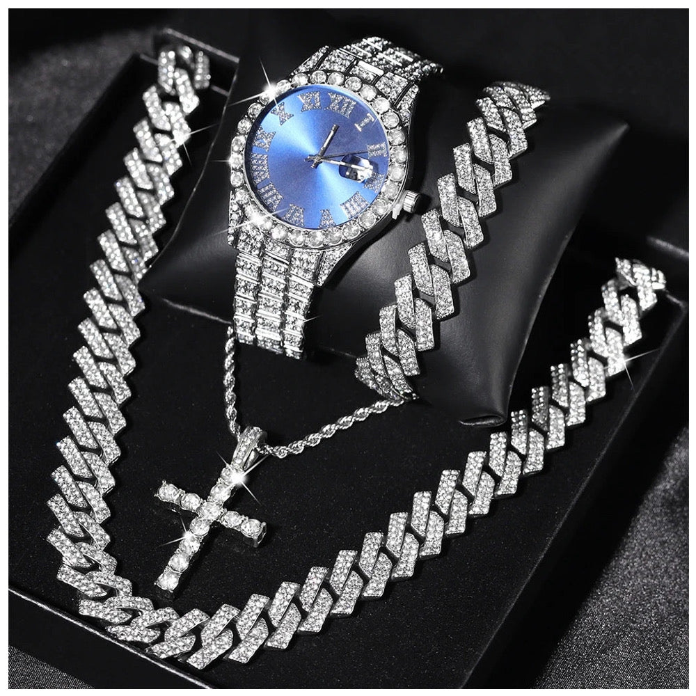 Luxus Iced Out 14mm 4-In-1 "Silver Prong" Schmuckset (2 Halsketten + Armband + Uhr)