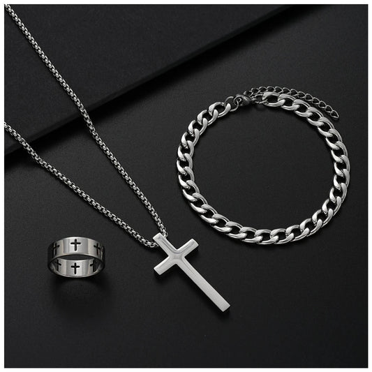 EDELSTAHL 3-IN-1 "SILVER CROSS" SCHMUCKSET (HALSKETTE + ARMBAND + RING) - ICERAIN JEWELRY