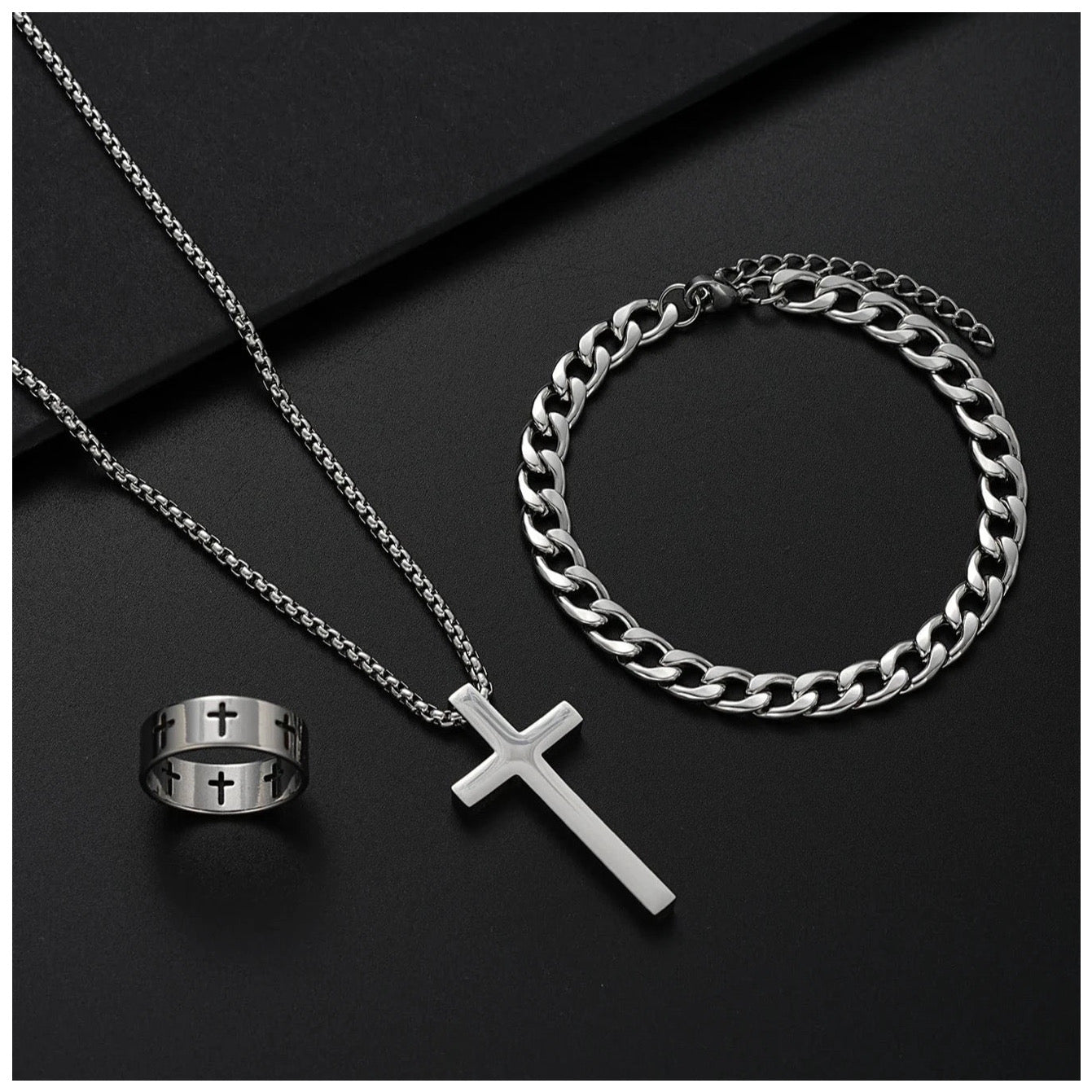 Luxus Edelstahl 3-In-1 "Silver Cross" Schmuckset (Halskette + Armband + Ring)