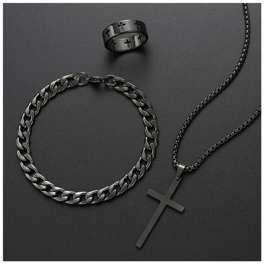EDELSTAHL 3-IN-1 "BLACK CROSS" SCHMUCKSET (HALSKETTE + ARMBAND + RING) - ICERAIN JEWELRY