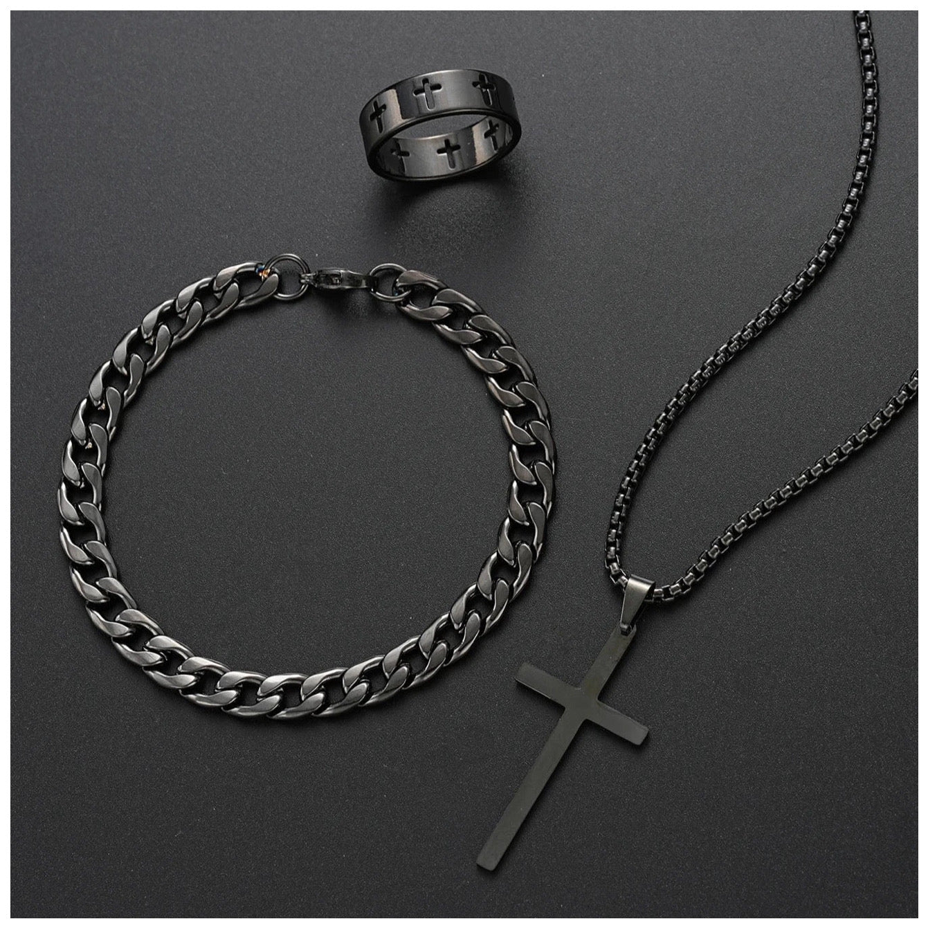 Luxus Edelstahl 3-In-1 "Black Cross" Schmuckset (Halskette + Armband + Ring)