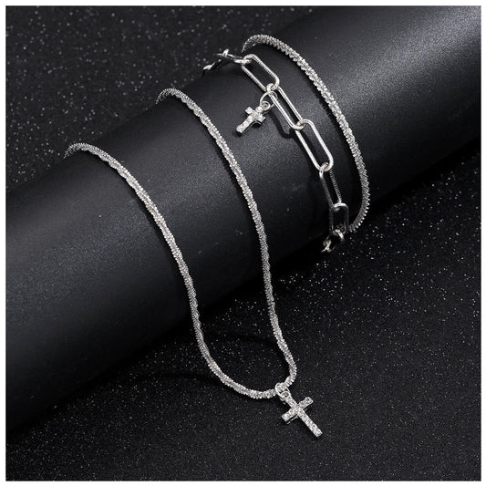 EDELSTAHL 3-IN-1 "SILVER CROSS" SCHMUCKSET (HALSKETTE + 2 ARMBAND) - ICERAIN JEWELRY