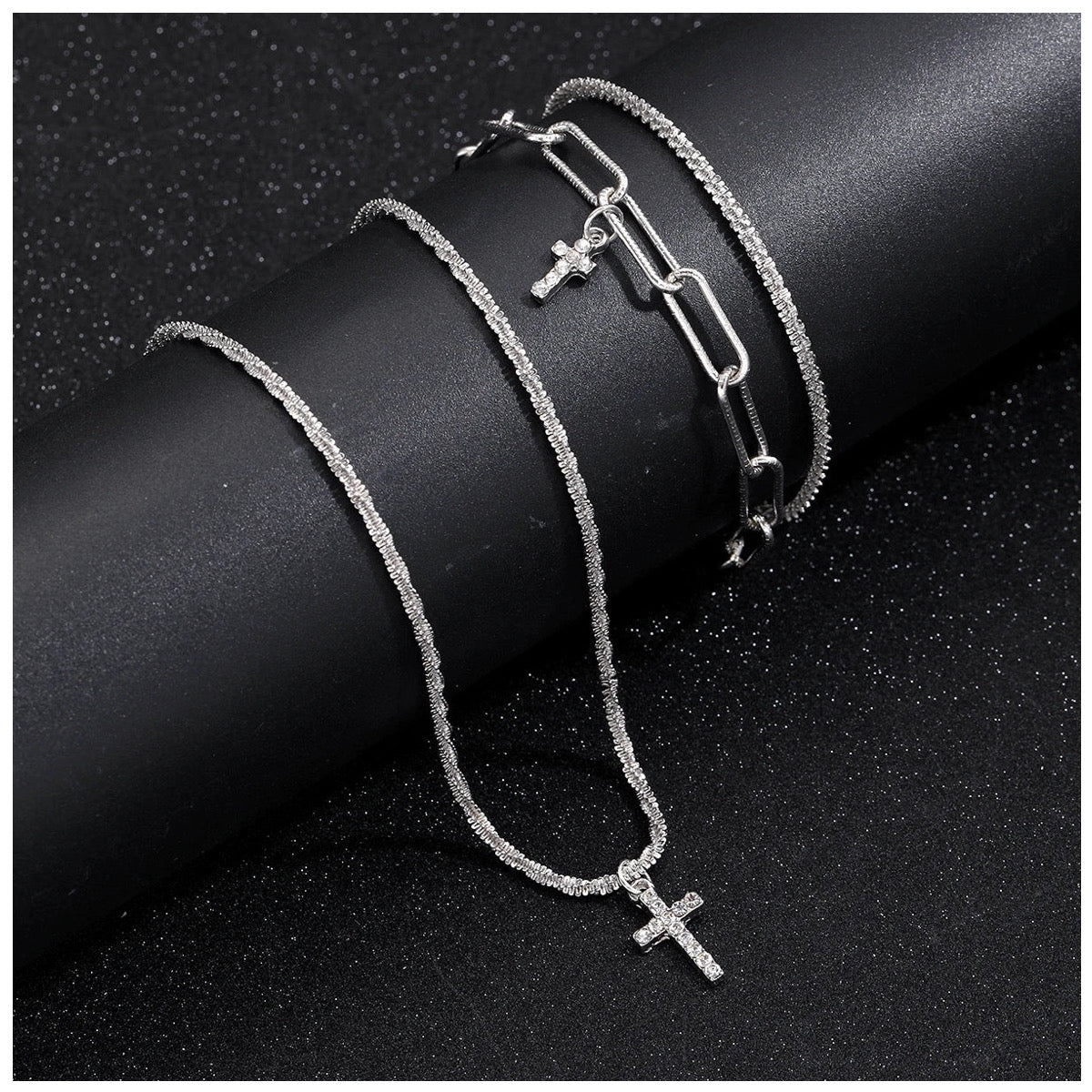 Luxus Edelstahl 3-In-1 "Silver Cross" Schmuckset (Halskette + 2 Armbänder)