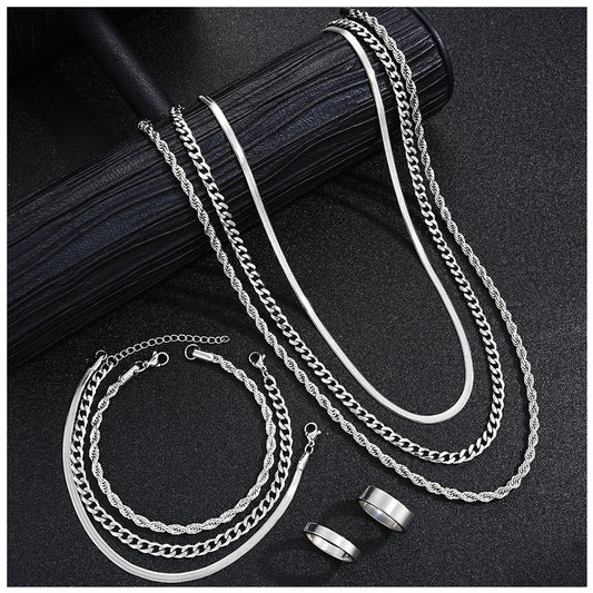 EDELSTAHL 8-IN-1 "SILVER ULTIMATO" SCHMUCKSET (3 HALSKETTEN + 3 ARMBAND + 2 RINGE) - ICERAIN JEWELRY