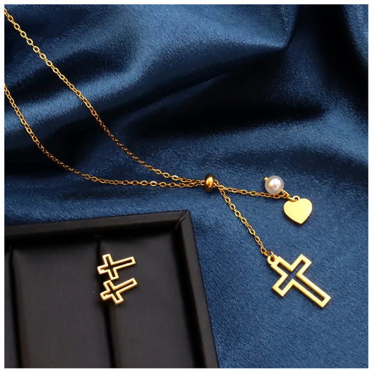 Luxus Edelstahl 2-In-1 "Gold Heart Cross" Schmuckset (Halskette + Ohrringe)