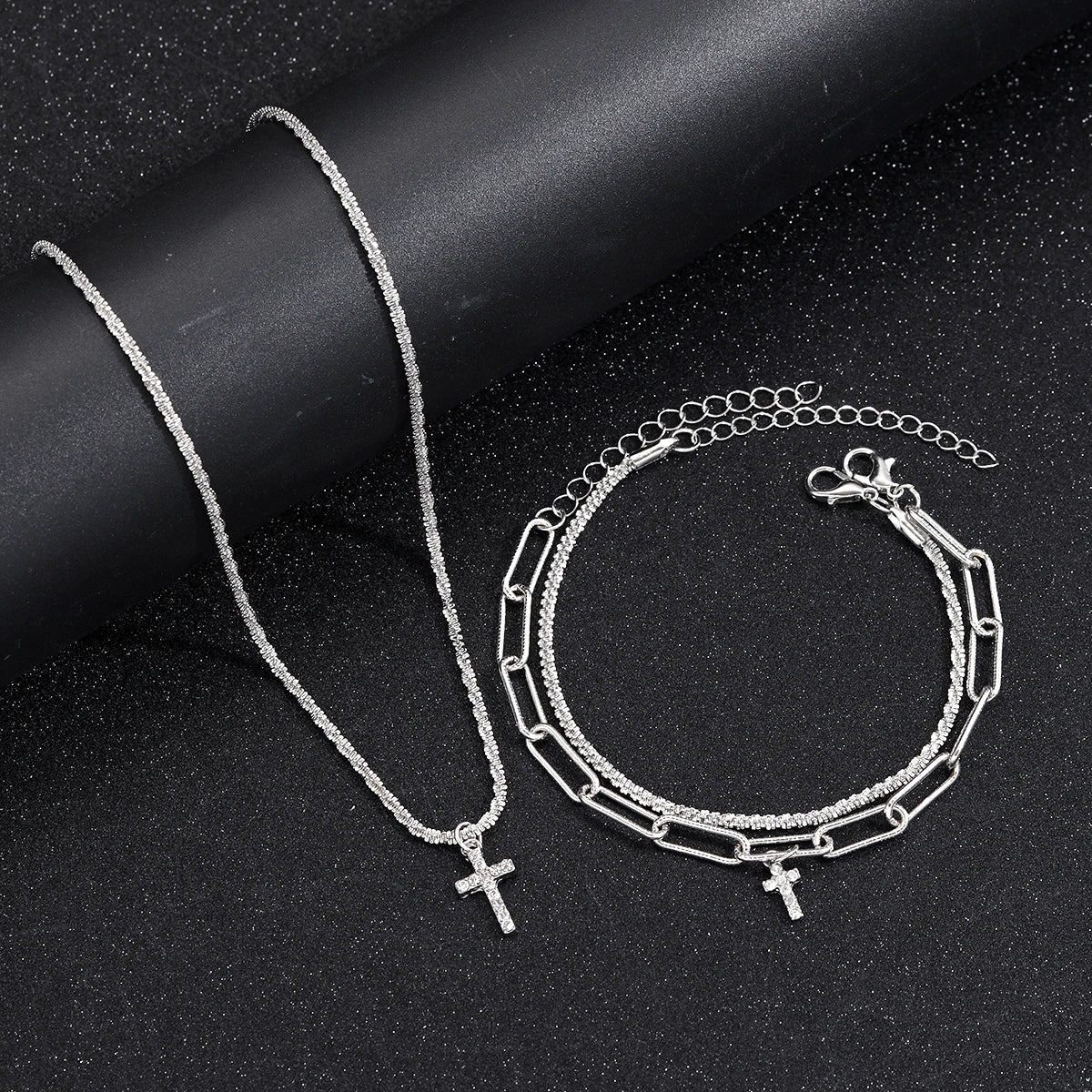 Luxus Edelstahl 3-In-1 "Silver Cross" Schmuckset (Halskette + 2 Armbänder)