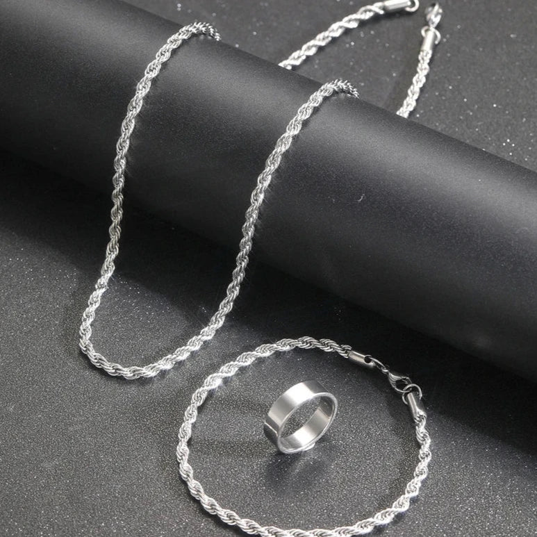 Luxus Edelstahl 4mm 3-In-1 "Silver Rope" Schmuckset (Halskette + Armband + Ring)