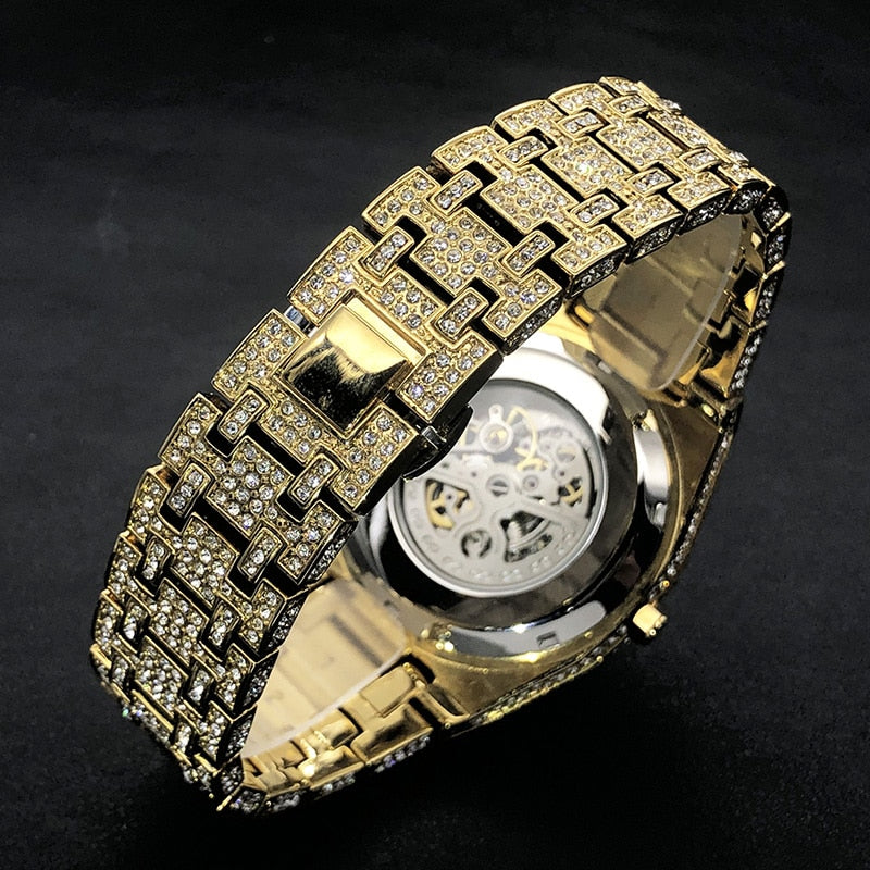 Luxus Designer Iced Out Automatic "Scheletro" Uhr + Box + Armbandkürzer