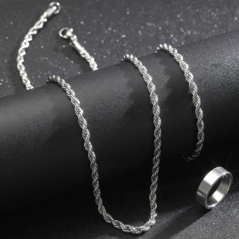 Luxus Edelstahl 4mm 3-In-1 "Silver Rope" Schmuckset (Halskette + Armband + Ring)