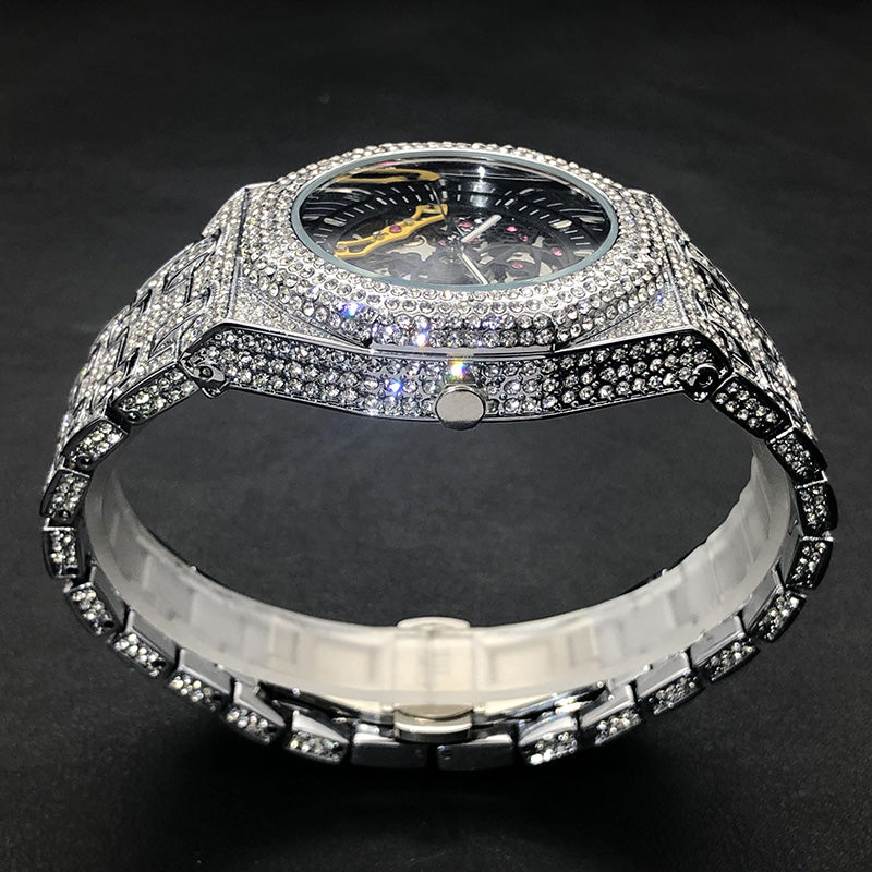 Luxus Designer Iced Out Automatic "Scheletro" Uhr + Box + Armbandkürzer