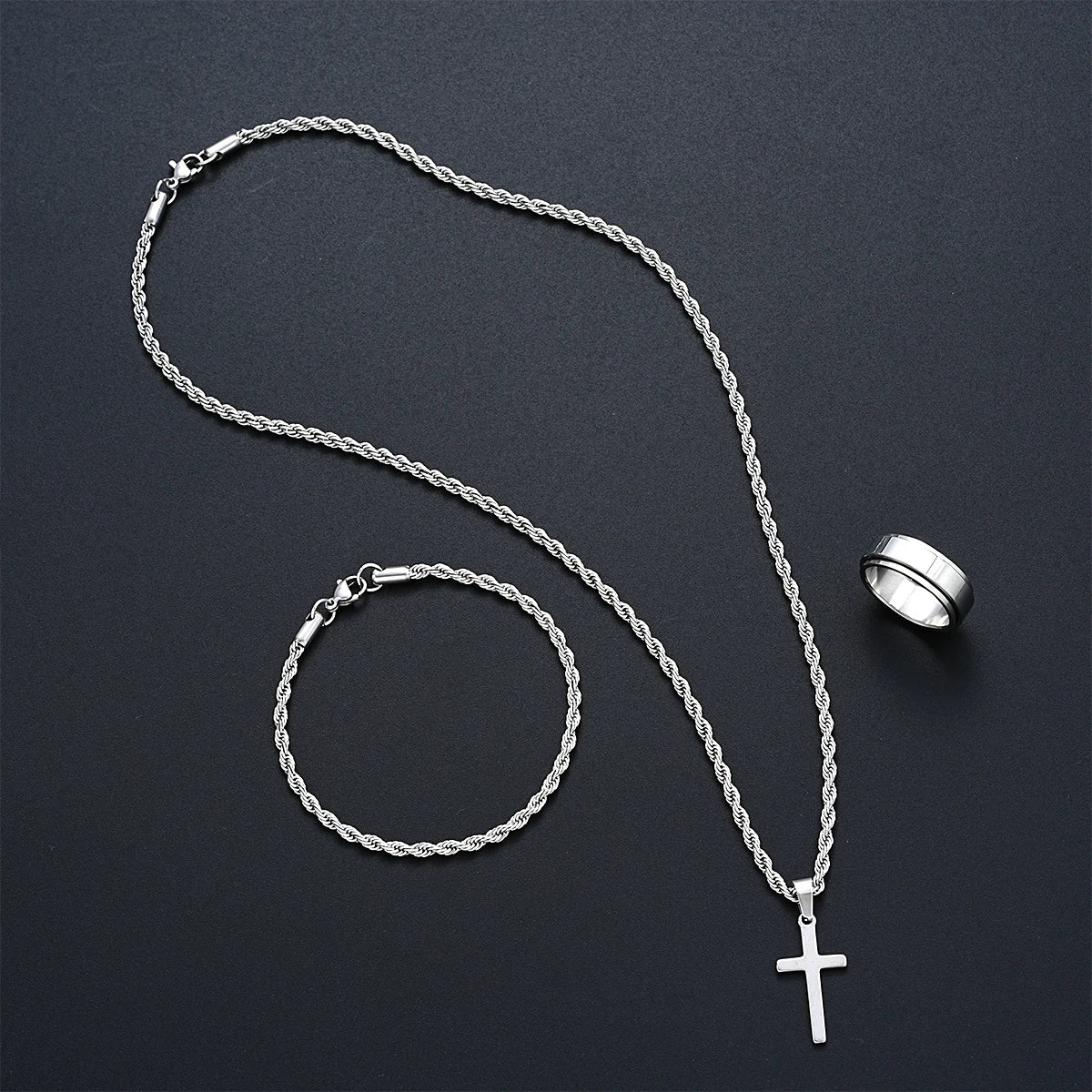 Luxus Edelstahl 4mm 3-In-1 "Silver Rope Cross" Schmuckset (Halskette + Armband + Ring)