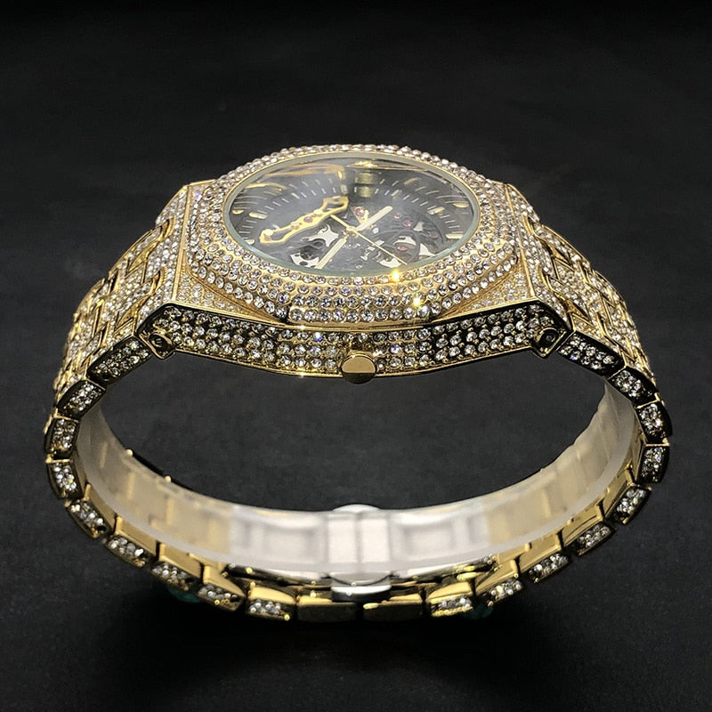 Luxus Designer Iced Out Automatic "Scheletro" Uhr + Box + Armbandkürzer