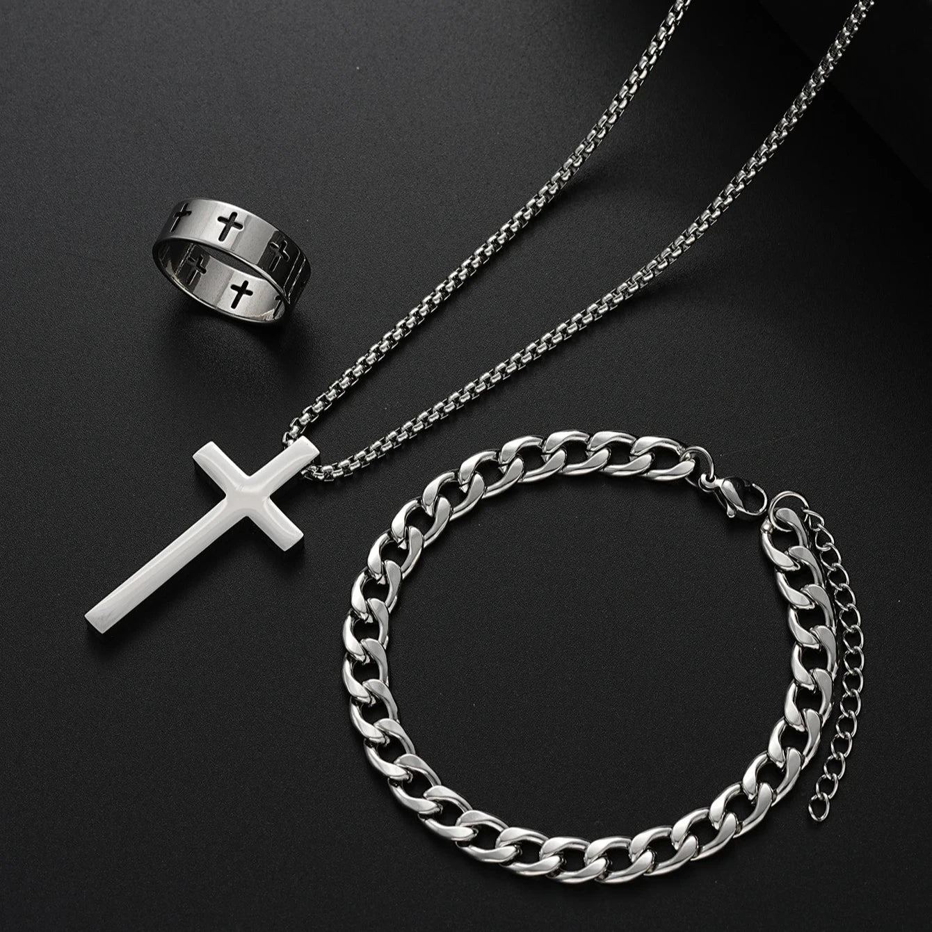 Luxus Edelstahl 3-In-1 "Silver Cross" Schmuckset (Halskette + Armband + Ring)