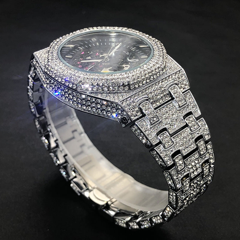 Luxus Designer Iced Out Automatic "Scheletro" Uhr + Box + Armbandkürzer