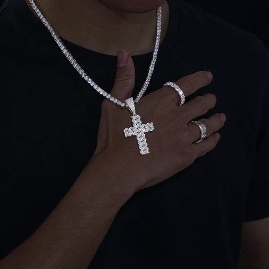 SALE | ICED OUT MOISSANITE 3MM 45CM "SILVER CROSS" WEISSGOLD 925S SILVER KETTE - ICERAIN JEWELRY