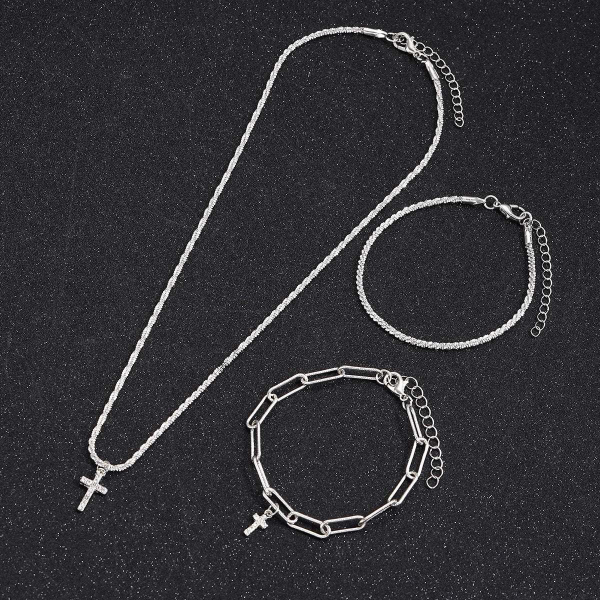 Luxus Edelstahl 3-In-1 "Silver Cross" Schmuckset (Halskette + 2 Armbänder)