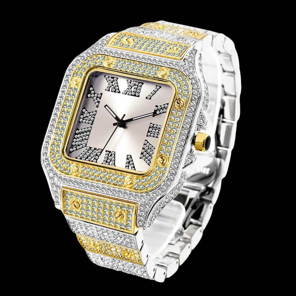 Luxus Designer Iced Out "Piazza" Uhr + Box + Armbandkürzer