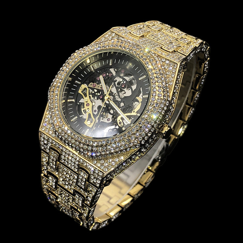 Luxus Designer Iced Out Automatic "Scheletro" Uhr + Box + Armbandkürzer