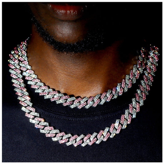 SALE | ICED OUT 14MM 40CM "SILVER/PINK PRONG CUBAN" KETTE - ICERAIN JEWELRY