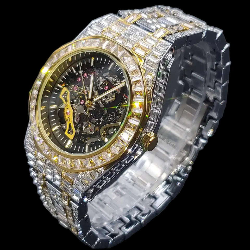 Luxus Designer Iced Out Automatic "Scheletro V2" Uhr + Box + Armbandkürzer