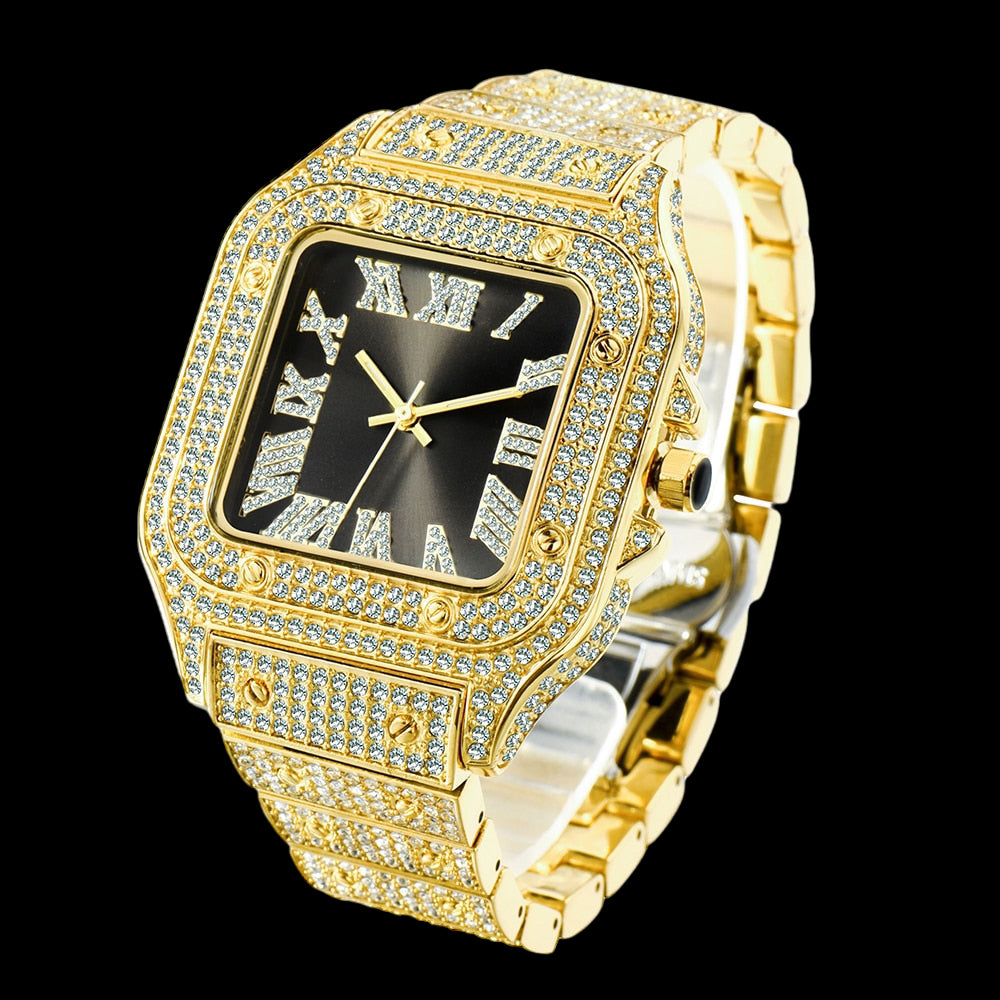 Luxus Designer Iced Out "Piazza" Uhr + Box + Armbandkürzer