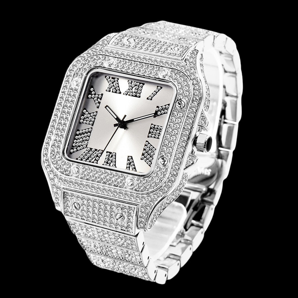 Luxus Designer Iced Out "Piazza" Uhr + Box + Armbandkürzer