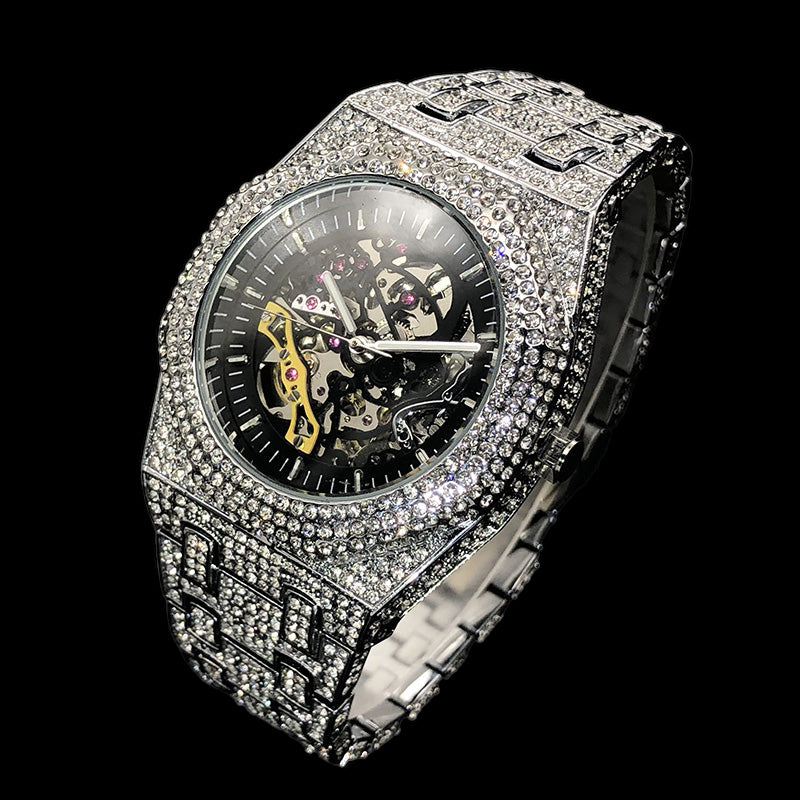 Luxus Designer Iced Out Automatic "Scheletro" Uhr + Box + Armbandkürzer