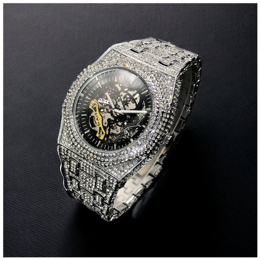 Luxus Designer Iced Out Automatic "Scheletro" Uhr + Box + Armbandkürzer